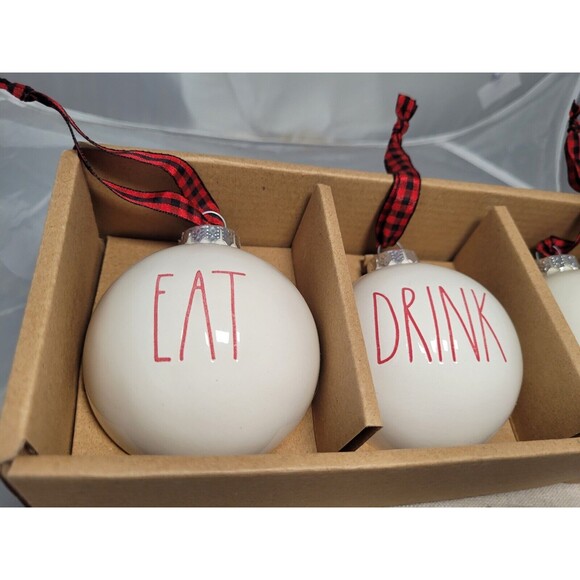 Rae Dunn By Magenta EAT DRINK BE MERRY Ceramic Christmas Ornaments Set of 3 - Picture 2 of 5
